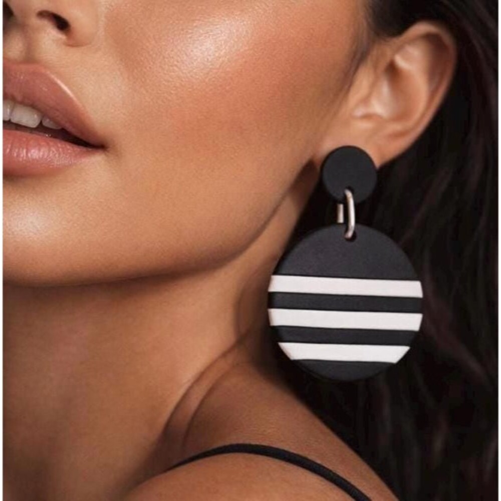 Black White Striped Polymer Clay Earrings | Minimalist Handmade Dangle Gift